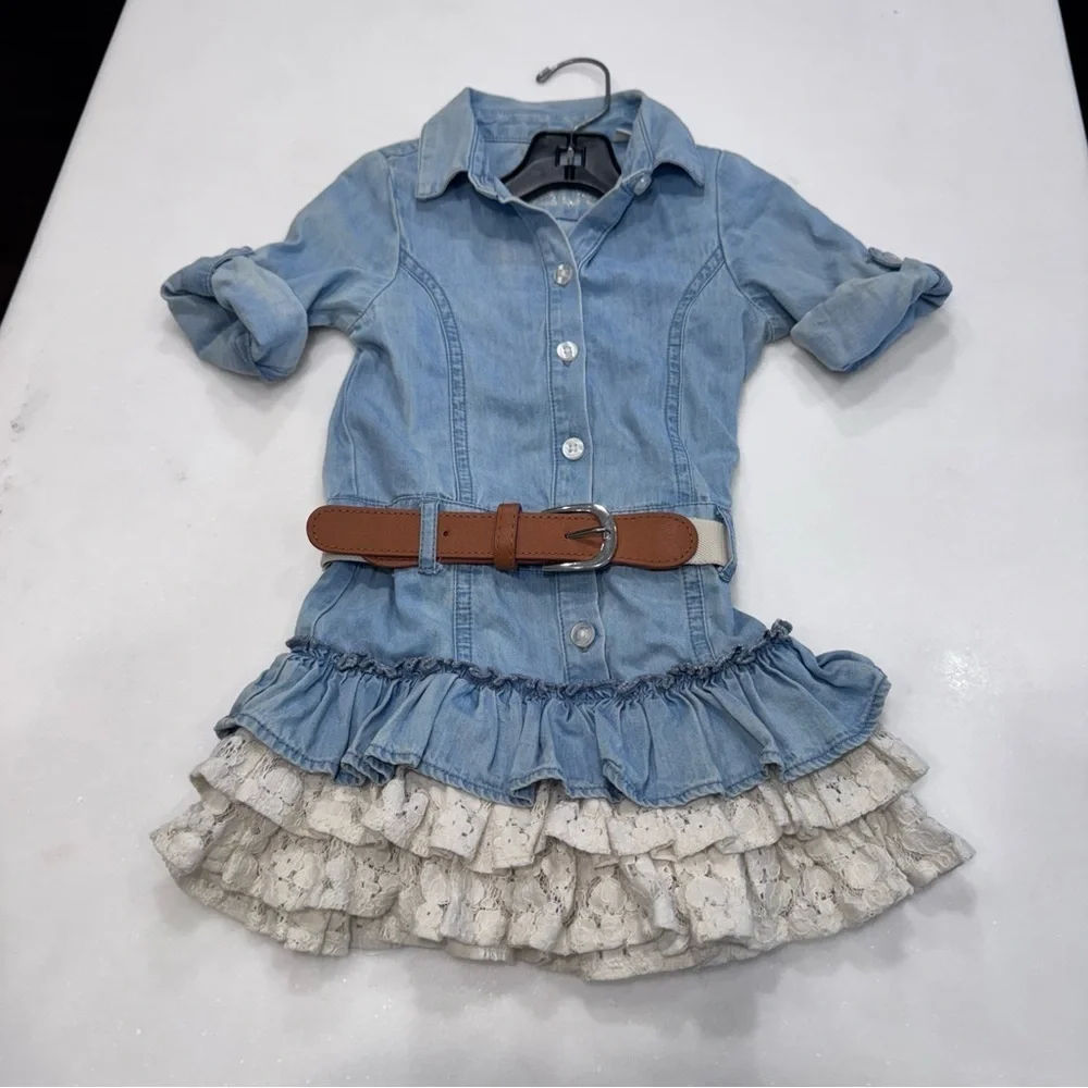 Guess toddler girls denim dress with lace ruffles size 2 belt, 100% cotton
